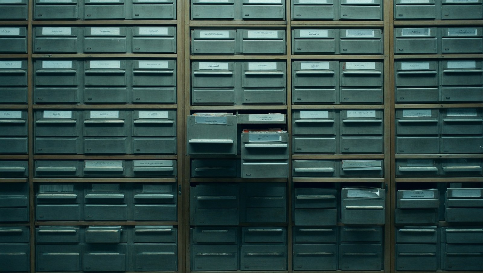 A wall of library card catalog drawers with one drawer pulled open.
