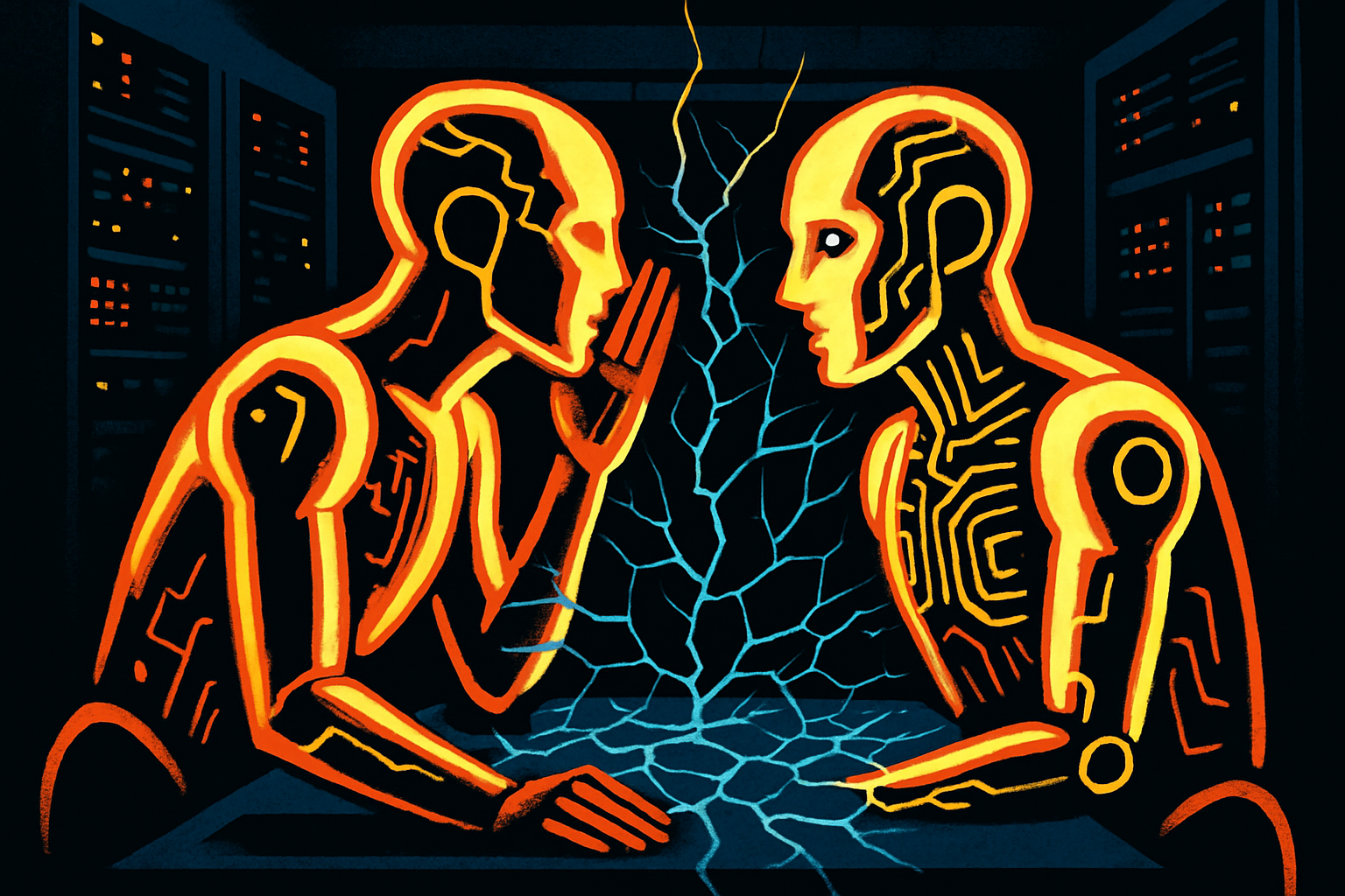 Two glowing AI figures facing each other in a dark server room, circuit patterns fracturing between them