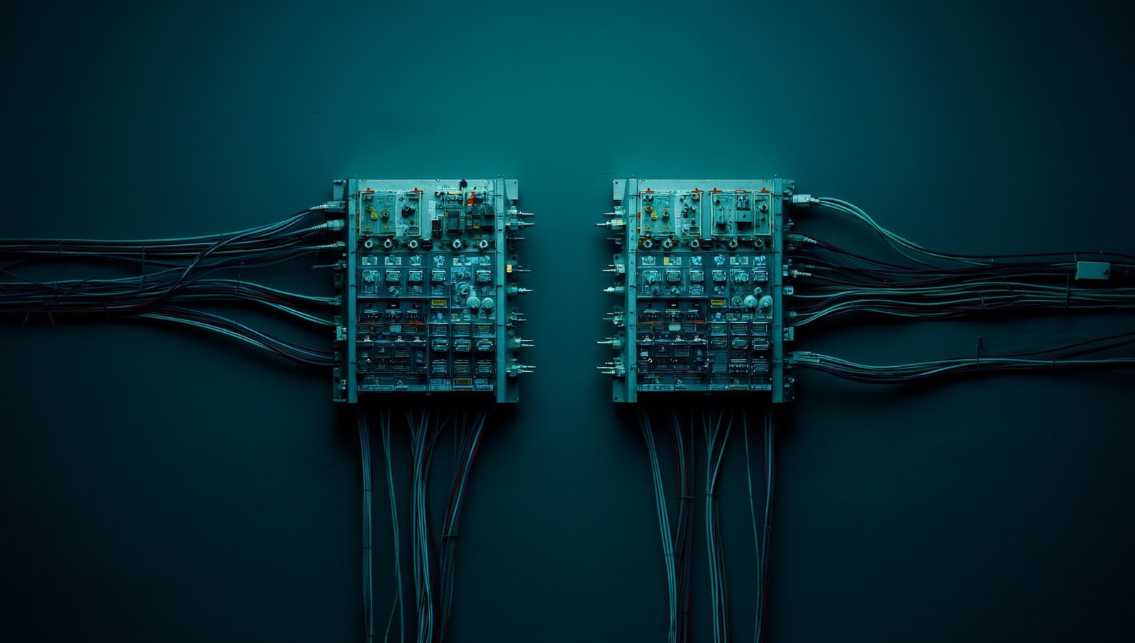 Two industrial patch panels facing each other in a dark room, cables running between them.