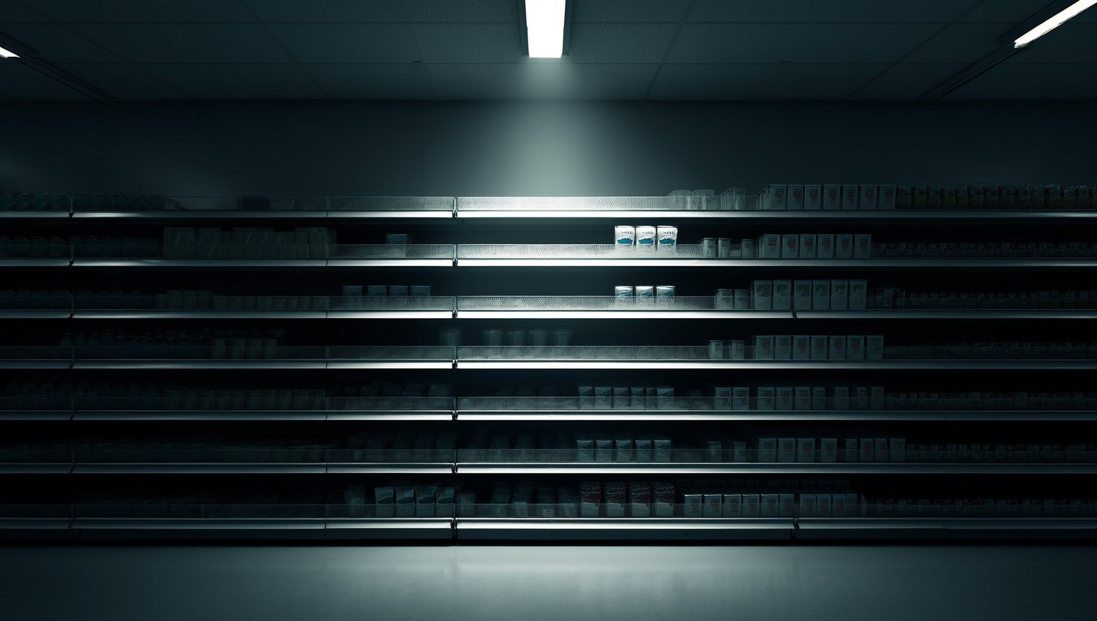 A dim supermarket shelf where a single product is lit by a hard spotlight.