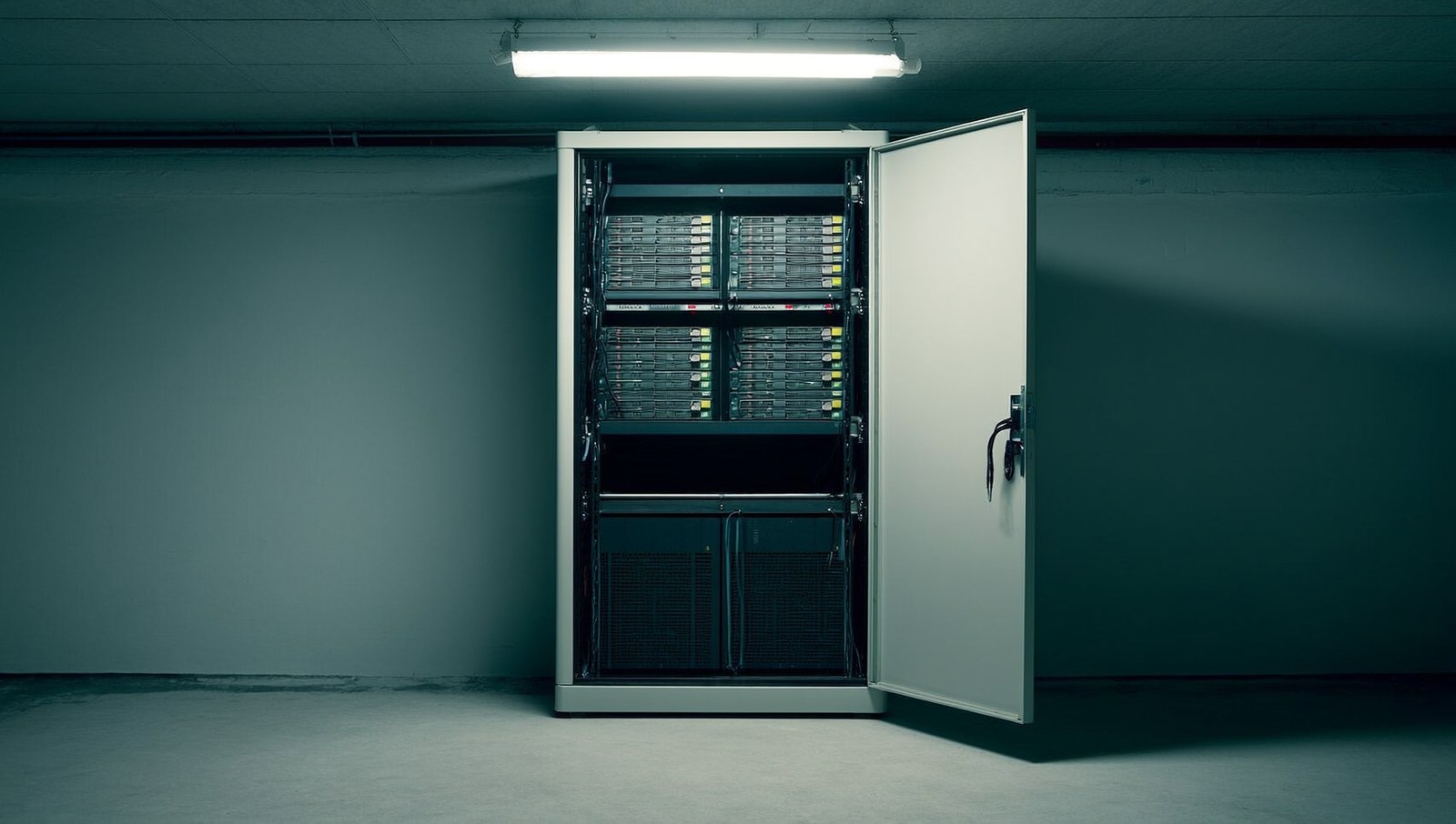 A basement server cabinet with its door ajar and an open padlock hanging on the handle.