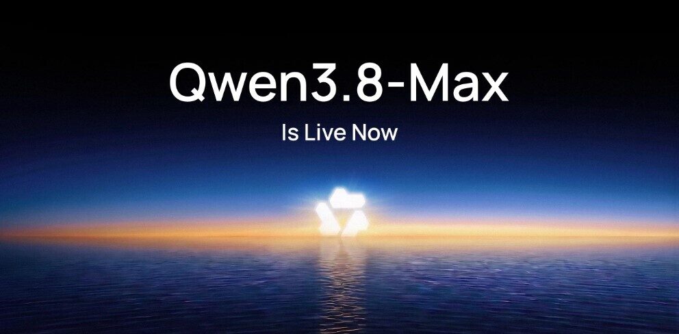 Qwen3.8-Max launch key art — the Qwen logo glowing over a sunrise, captioned Is Live Now.