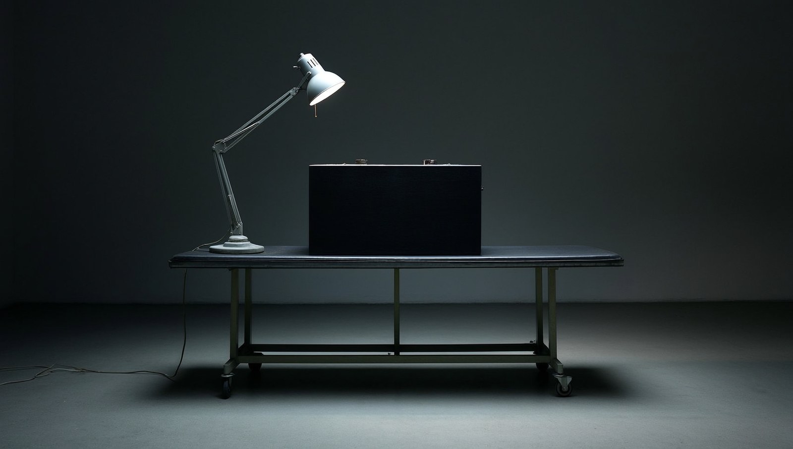 An unmarked black box on a lab bench under a single interrogation lamp.